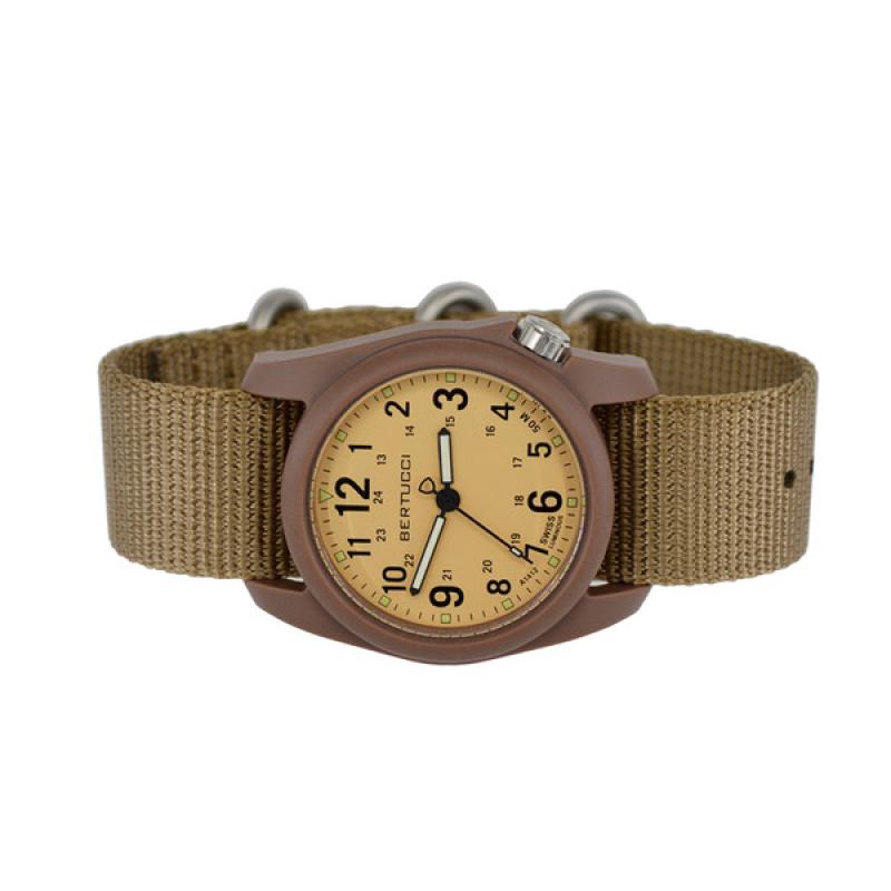 Bertucci DX3 Field Watch, 40mm Resin Case, Coyote Nylon Strap, Patrol Khaki Dial