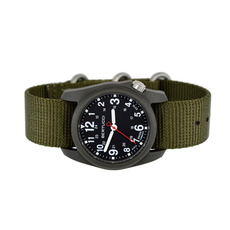 Bertucci DX3 Field Resin Watch, Olive Green Nylon Strap, Black Dial