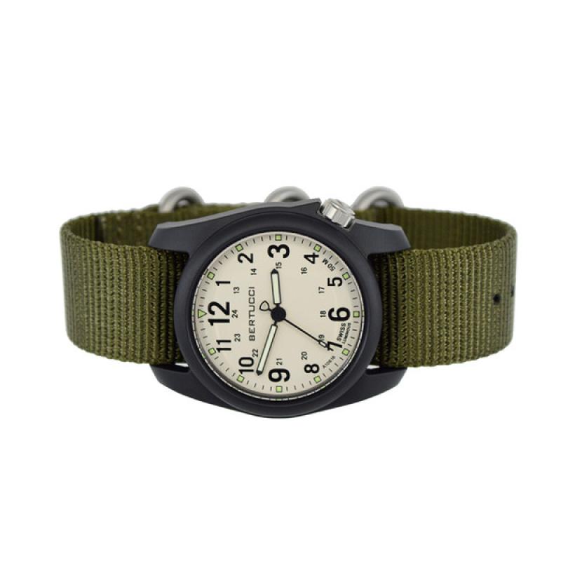 Bertucci DX3 Field Resin Watch, Olive Green Nylon Strap, White Dial