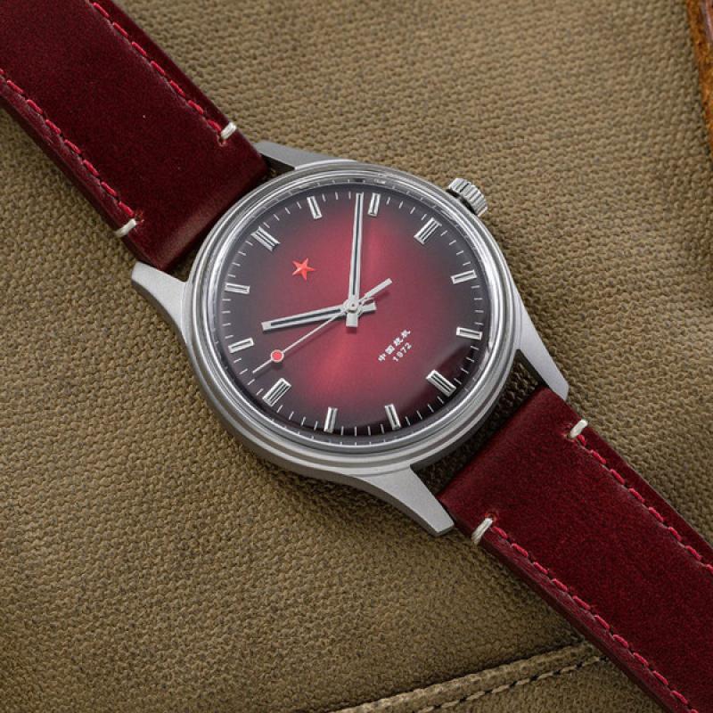 Red Star 3-Hand Dress Watch with Burgundy Dial and Mechanical Movement