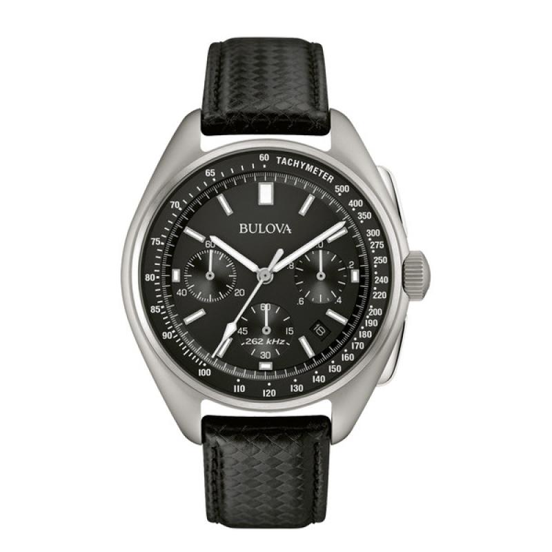 Bulova Lunar Pilot Chronograph 45mm with Black Dial and Leather Strap