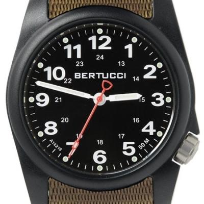 Bertucci A-1R Field Comfort watch with fiber reinforced polycarbonate Unibody case, Khaki Nylon Strap, Black Dial