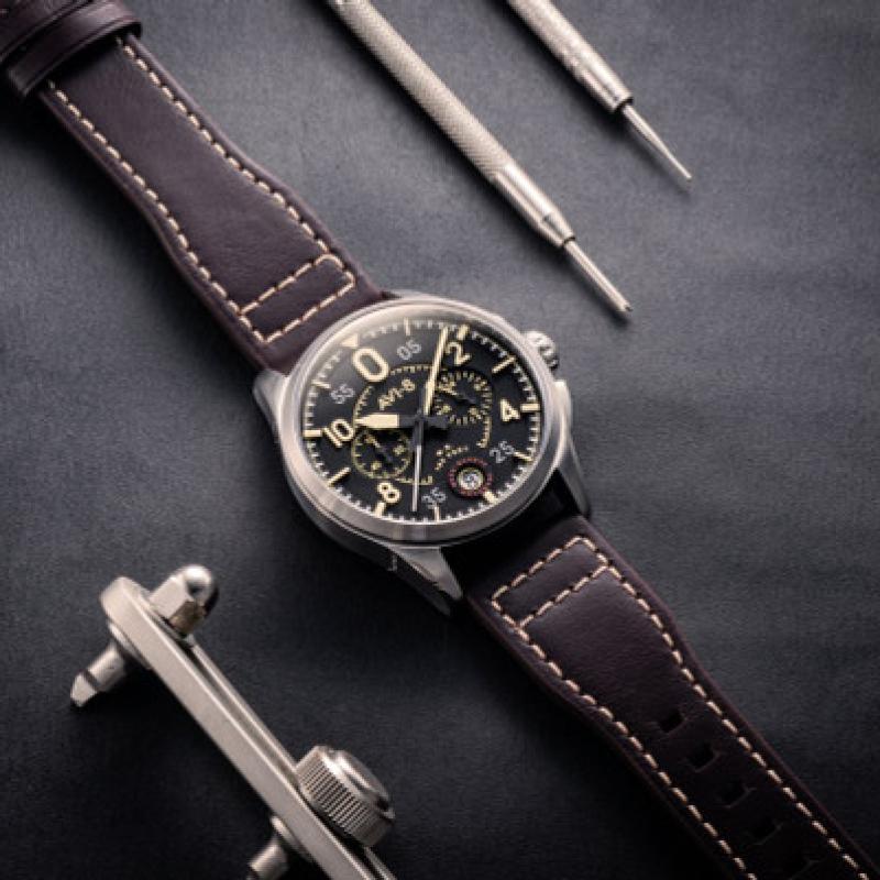 AVI-8 Spitfire Lock Chronograph, Midnight Oak, Japanese Meca-Quartz Chronograph, Black Dial, Leather Strap