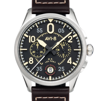 AVI-8 Spitfire Lock Chronograph, Midnight Oak, Japanese Meca-Quartz Chronograph, Black Dial, Leather Strap