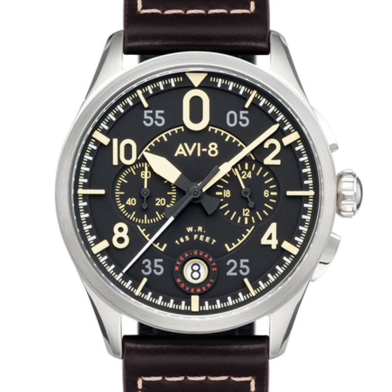 AVI-8 Spitfire Lock Chronograph, Midnight Oak, Japanese Meca-Quartz Chronograph, Black Dial, Leather Strap