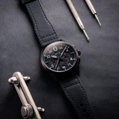 AVI-8 Spitfire Lock Chronograph, Slate Black, Japanese Meca-Quartz Chronograph, Black Dial, Leather Strap