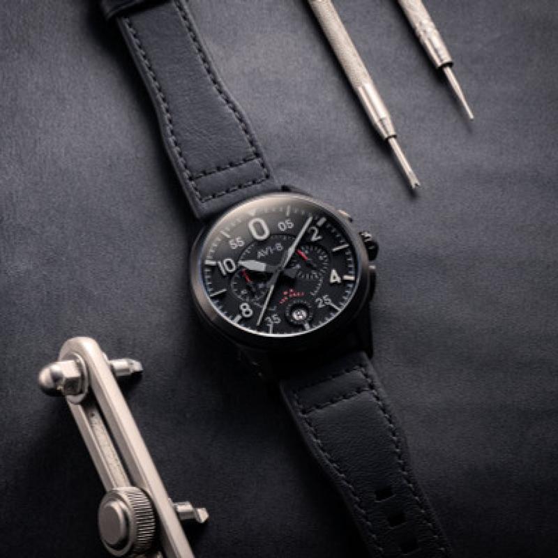AVI-8 Spitfire Lock Chronograph, Slate Black, Japanese Meca-Quartz Chronograph, Black Dial, Leather Strap