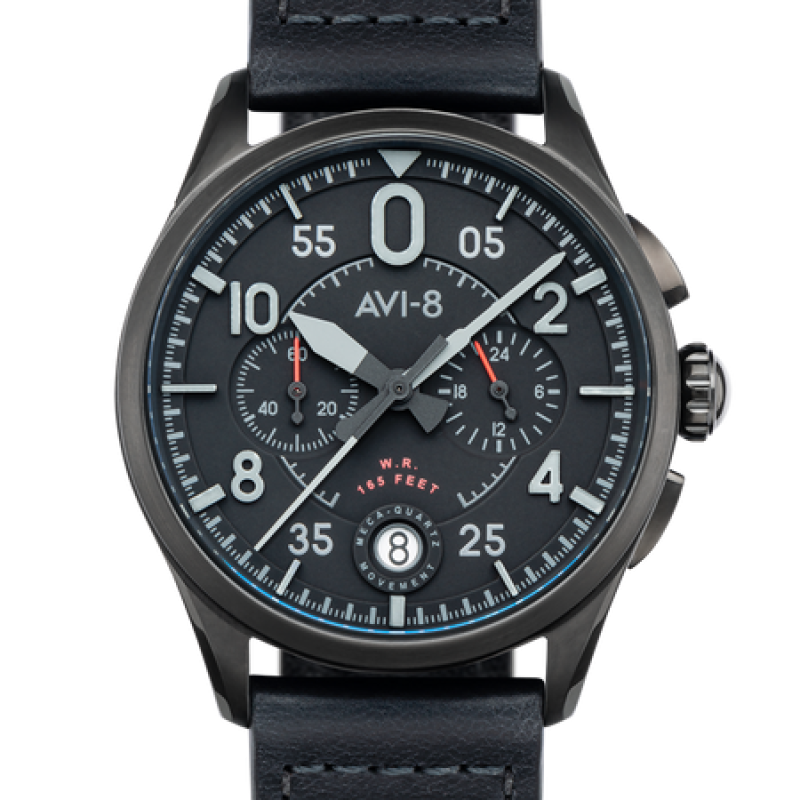 AVI-8 Spitfire Lock Chronograph, Slate Black, Japanese Meca-Quartz Chronograph, Black Dial, Leather Strap