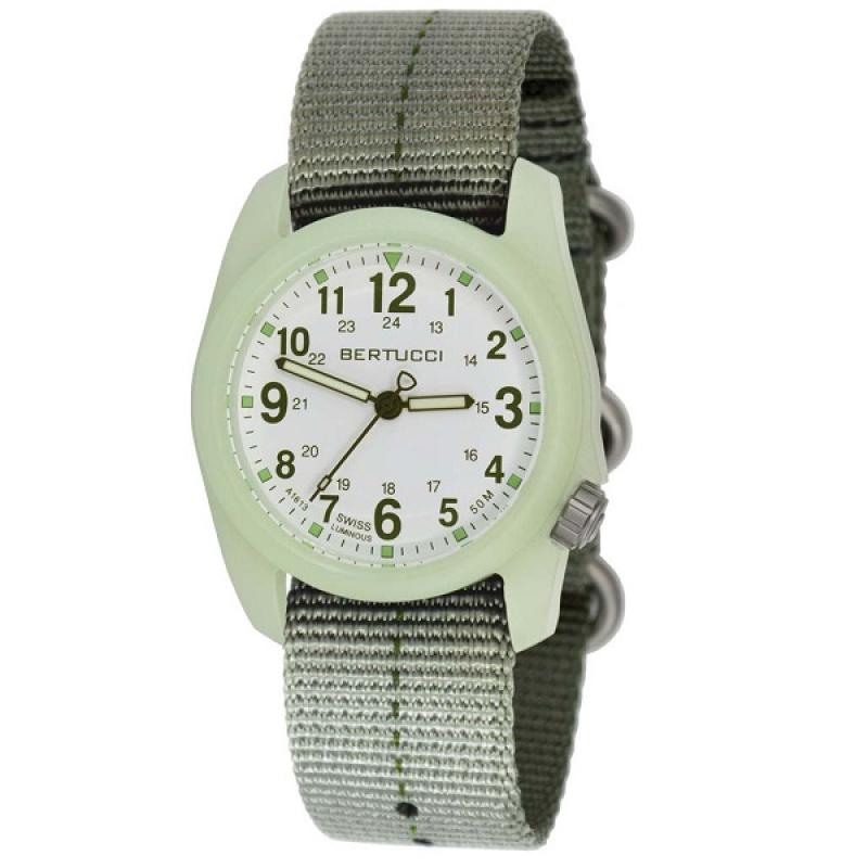 Bertucci DX3 Luminous Resin Watch, Olive Green Nylon Strap, White Dial