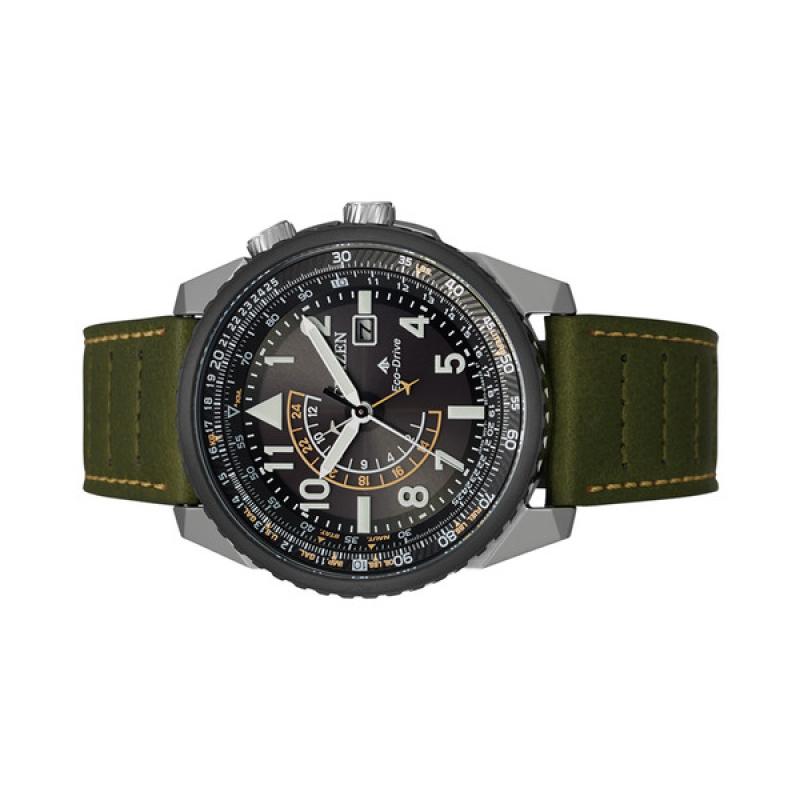 Citizen Eco-Drive Nighthawk with Black Dial and Green Leather Strap