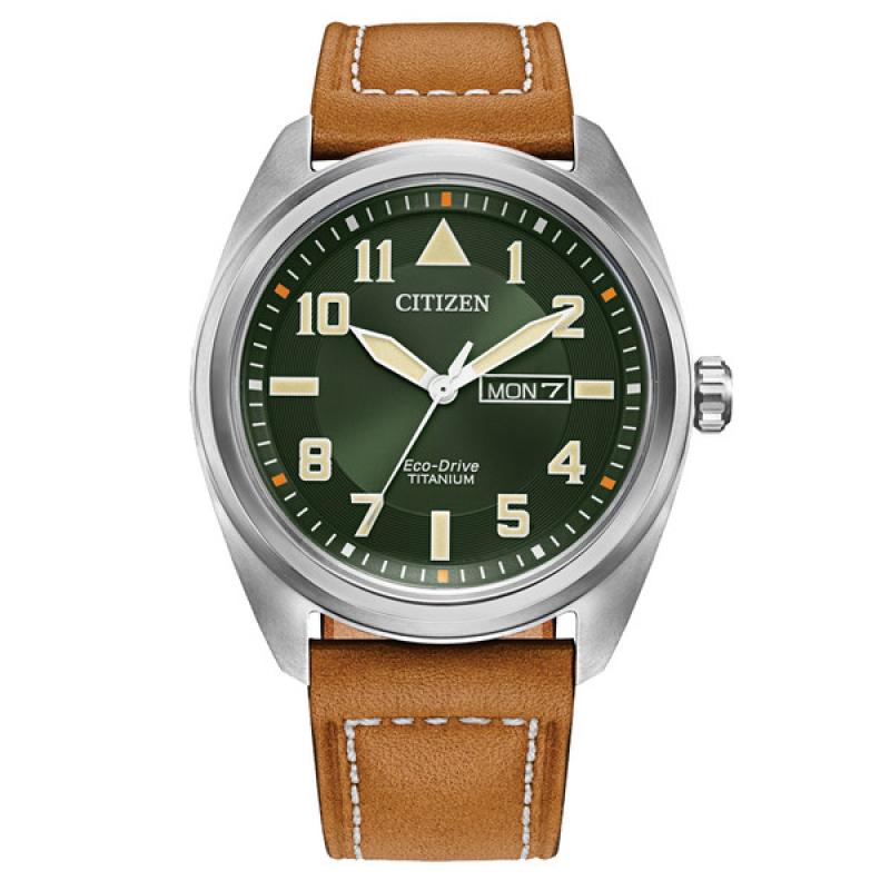 Citizen Eco-Drive Garrison Titanium Watch with Green Dial and Leather Strap