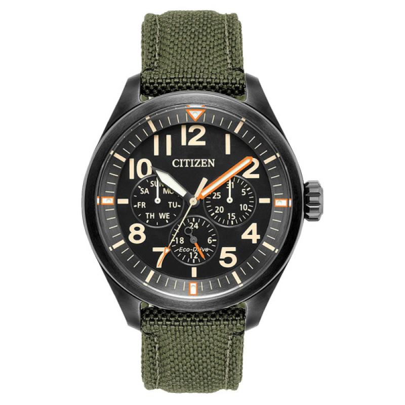 Citizen Eco-Drive Garrison Watch with Black Dial and Green Cordura Strap